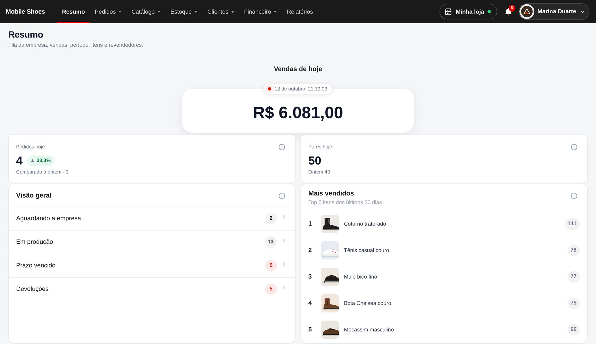 Tela de Resumo do portal da fábrica: vendas de hoje, pedidos e pares do dia, pedidos aguardando, em produção, com prazo vencido e devoluções, e os modelos mais vendidos