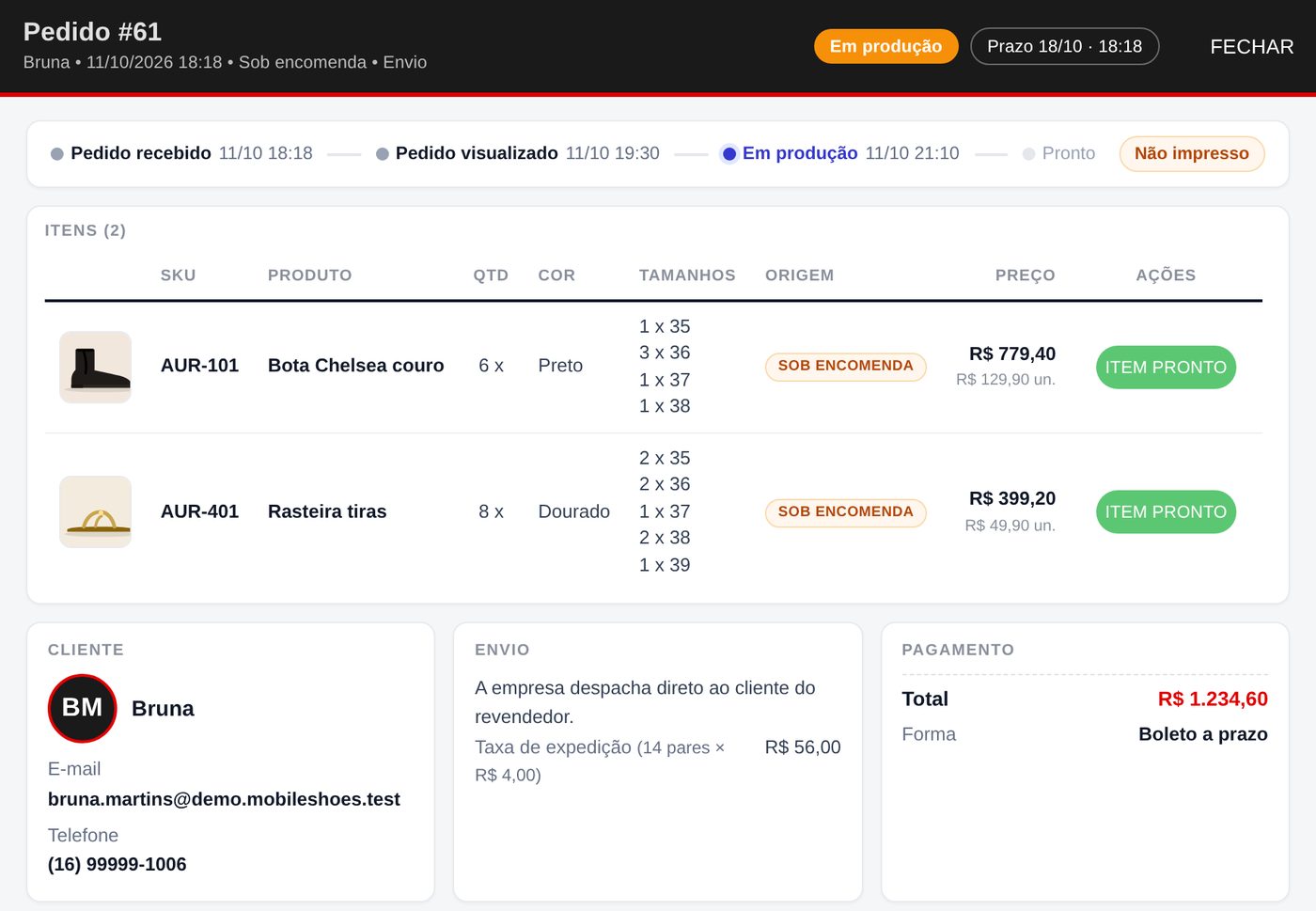 Detalhe de um pedido: modelos, cores, grade de numeração, prazo de produção, envio direto ao cliente com taxa de expedição e forma de pagamento